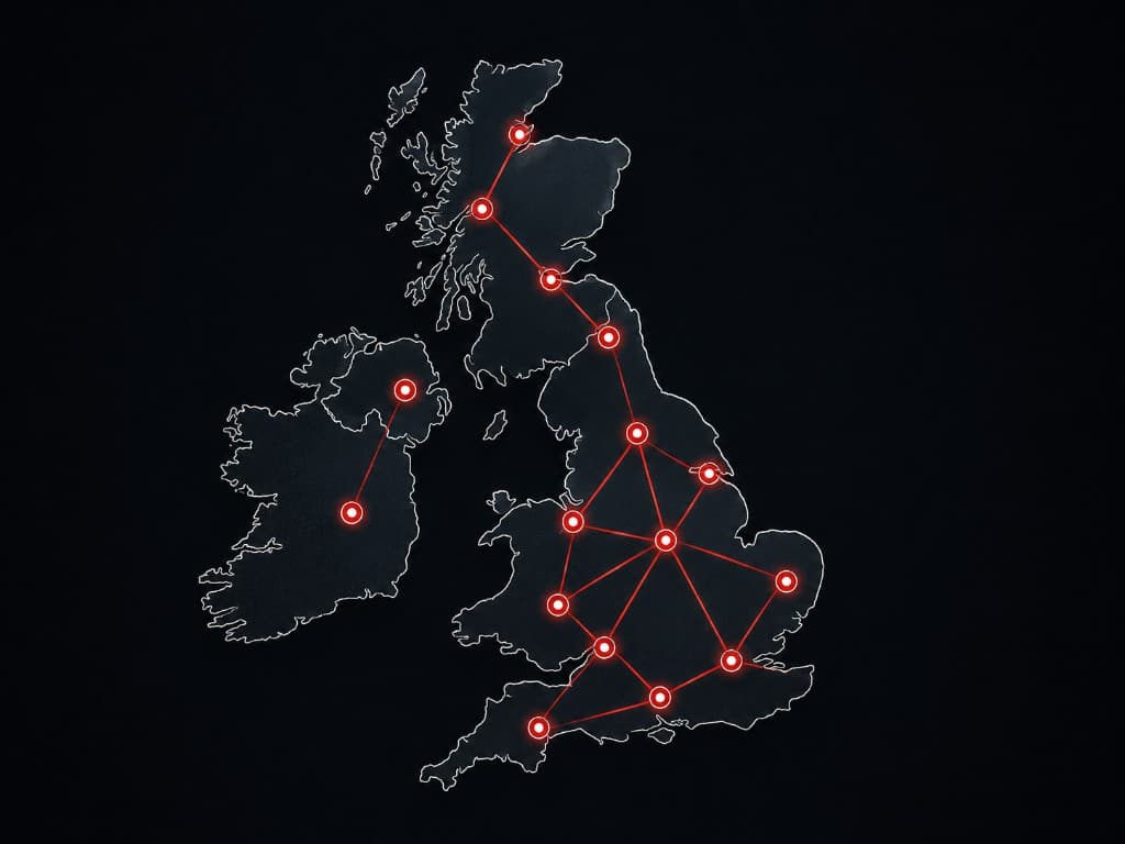 UK boxing club network map — connected regions across England, Scotland, Wales, and Ireland