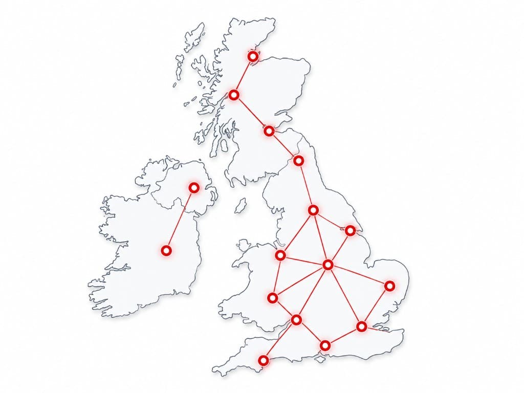 UK boxing club network map — connected regions across England, Scotland, Wales, and Ireland